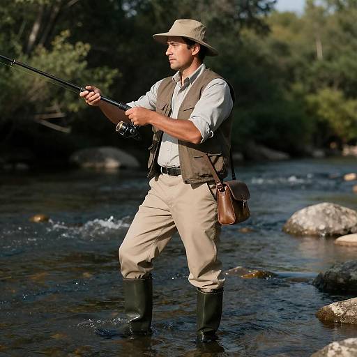 Focused Fisherman Casting in River