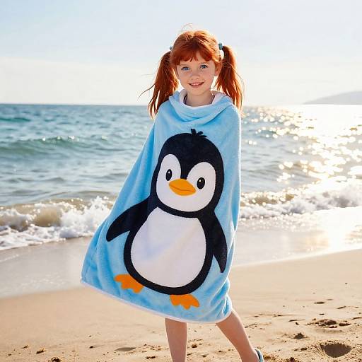 Photograph of a red-haired girl with pigtails wearing a blue penguin-themed hooded towel on a sunny beach with waves.
