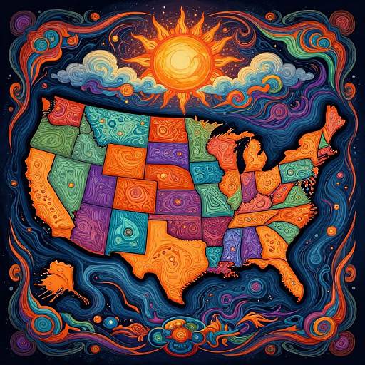 Vibrant digital artwork of a colorful, patterned USA map surrounded by swirling blue, purple, and orange waves, with a glowing sun above and