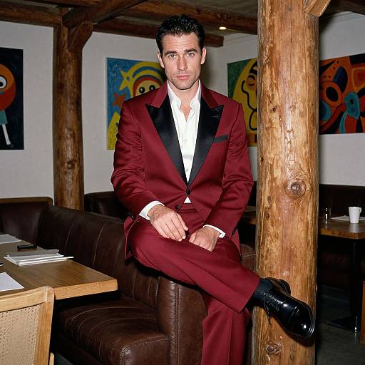 Photograph of a handsome man with dark hair in a deep red suit, black shoes, and white shirt, sitting on a brown leather couch in a