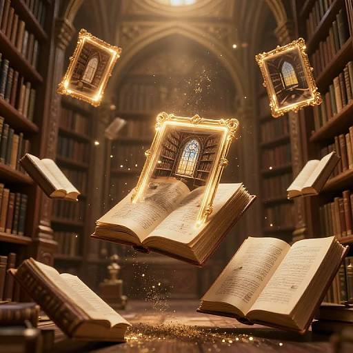 Magical library scene: glowing, floating book frames and open books surround a central, illuminated bookshelf in a dimly lit, ornate room.