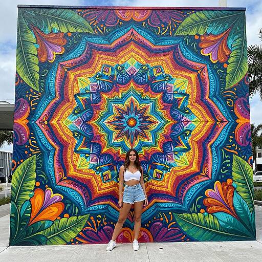 Photograph of a woman with long brown hair, wearing a white crop top and denim shorts, standing in front of a vibrant, psychedelic mandala mural