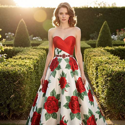 Photograph of a fair-skinned woman with wavy brown hair wearing a strapless red sweetheart neckline dress with white and red rose floral skirt, standing