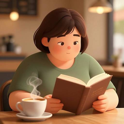 Digital illustration of a chubby, short-haired person with green shirt, reading a book while enjoying a steaming cup of coffee in a cozy café. Warm