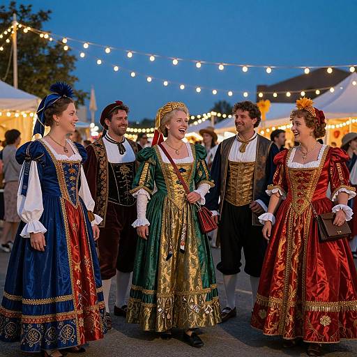 Photograph of four people in elaborate Renaissance-style costumes, standing outdoors at twilight, surrounded by string lights and festive market stalls.