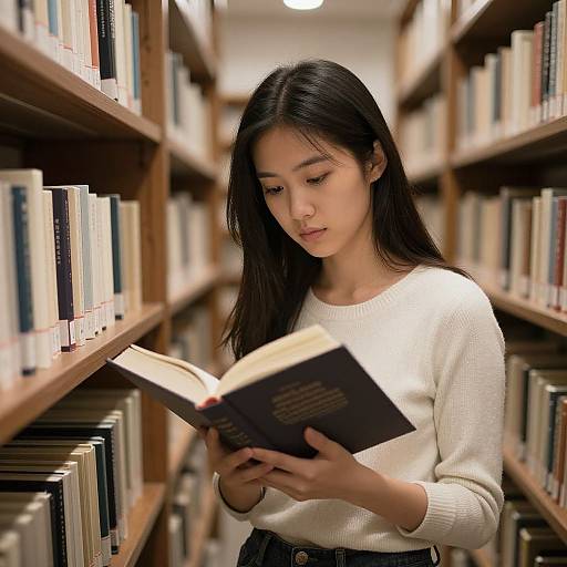 Photograph of a young Asian woman with long black hair, wearing a white sweater, reading a book in a wooden library aisle with tall bookshelves