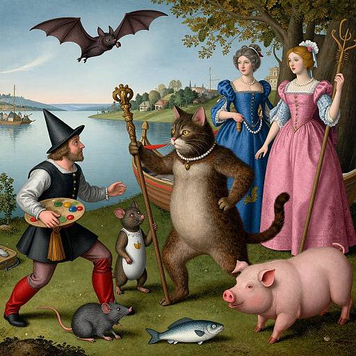 Renaissance-style painting: wizard in hat, cat in cloak, two women in dresses, pig, mouse, rat, bat, fish, by