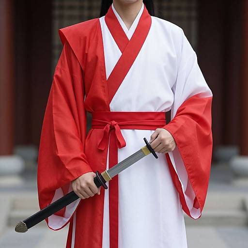 Man in Traditional Red and White Robe Holding Sword