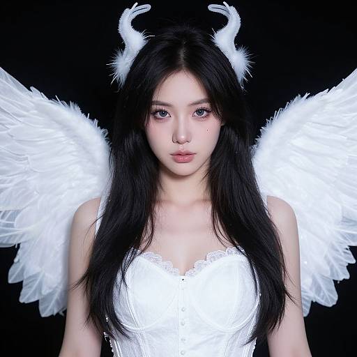 Photograph of an Asian woman with long black hair, white feathered wings, and white horned headpiece, wearing a white lace-trimmed