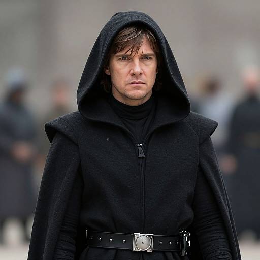 Photograph of a serious-looking man with brown hair, wearing a black hooded cloak, black turtleneck, and belt with silver buckle, standing