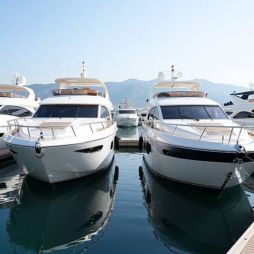 Photograph of five white yachts docked in calm, reflective water under a bright blue sky, with distant mountains in the background.