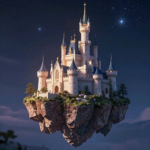 Photorealistic CGI of a floating, illuminated, fairy-tale castle with multiple spires, surrounded by greenery, on a rocky cliff against a