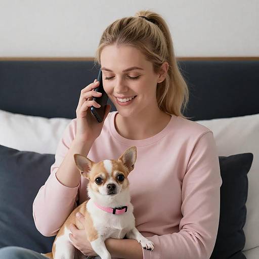 Blonde Woman with Chihuahua on Bed