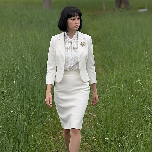 Photograph of a young woman with black bob haircut, wearing a white blazer, lace blouse, and white skirt, walking through a grassy field