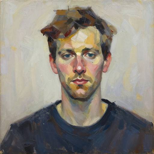 Impressionist-style painting of a young man with short brown hair, blue eyes, fair skin, wearing a black shirt, against a light background.