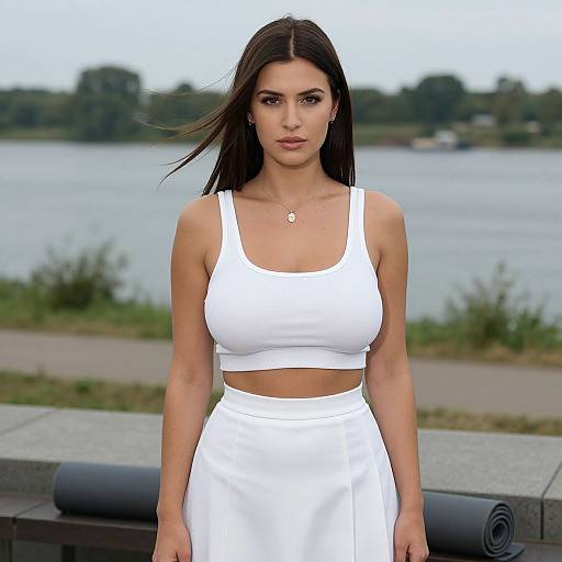 Photograph of a fit, tan-skinned woman with long brown hair, wearing a white crop top and high-waisted skirt, standing outdoors near