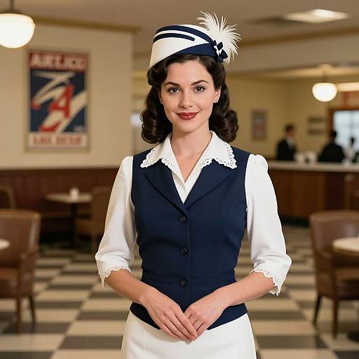 Photograph of a smiling woman in vintage 1940s waitress uniform with white hat and black vest, standing in a retro diner with checkered floor