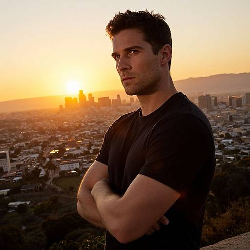 Photograph of a handsome, serious-looking man with short dark hair, wearing a black t-shirt, standing with arms crossed, at sunset, overlooking a