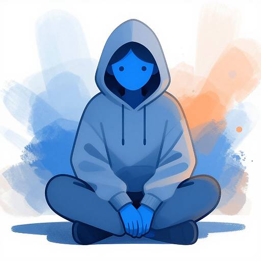 Digital illustration of a blue-skinned, faceless person in a white hooded sweatshirt and gray pants, sitting cross-legged against a colorful watercolor