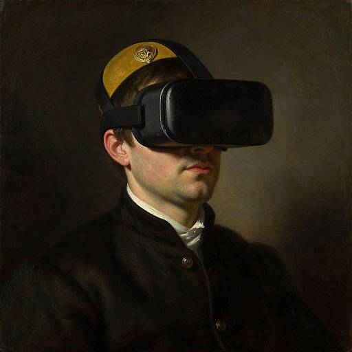 Photograph of a young man with fair skin, wearing a black VR headset, a black jacket, and a yellow cap with an emblem, against a