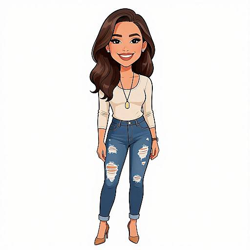 Digital cartoon of a smiling woman with long brown hair, wearing a white long-sleeve top, ripped blue jeans, and beige heels.