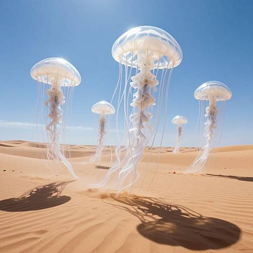 Photograph of glowing white jellyfish floating in a bright blue sky over a sandy desert, casting shadows on the textured sand.