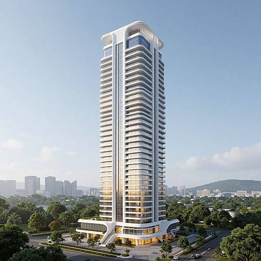 Photograph of a modern, tall, white and glass high-rise building with curved balconies, set in a lush urban landscape.