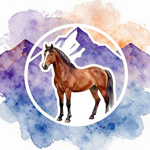 Watercolor painting of a brown horse with a black mane and tail, standing in a white circle, set against a purple and orange mountain backdrop.