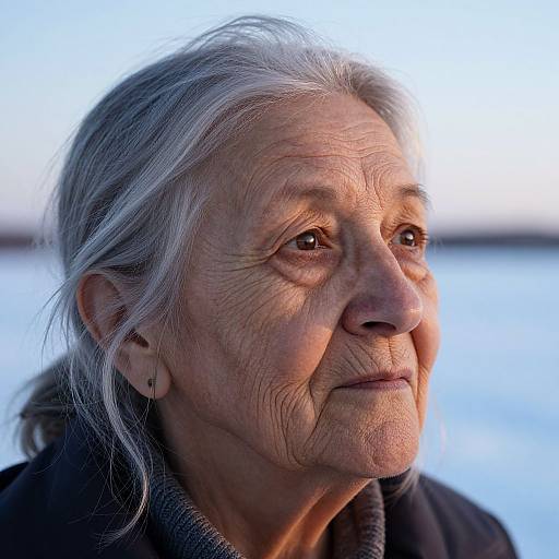 Photograph of an elderly woman with long, white hair, wrinkled face, and deep brown eyes, wearing a dark coat, against a blurred blue