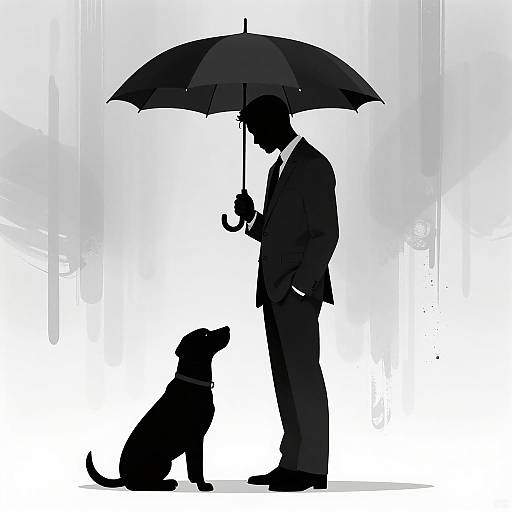 Silhouetted Man with Dog Under Umbrella