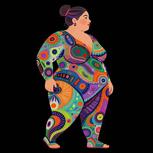 Digital illustration of a plus-sized woman with dark hair in a bun, wearing a vibrant, colorful, patterned jumpsuit against a black background.