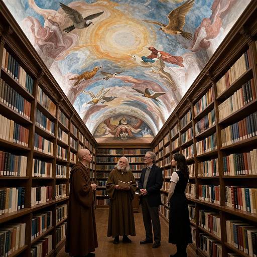 Photograph of four people in a library with celestial-painted ceiling; two monks in brown robes, two men in black suits, surrounded by booksh