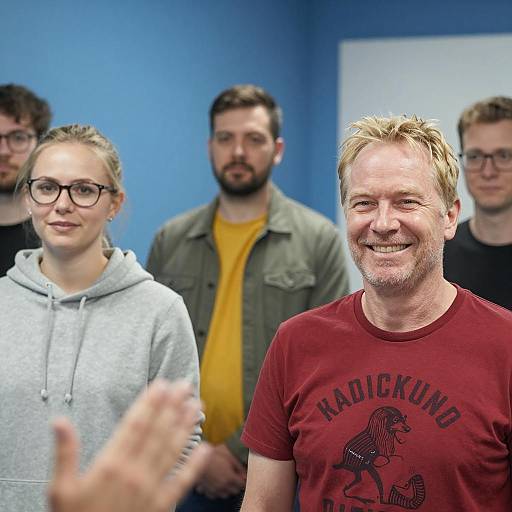 Vibrant Group Photo in Blue Room