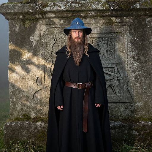 Photograph of a bearded man in a blue hat, black cloak, and brown belt, standing in front of a moss-covered, ancient stone monument