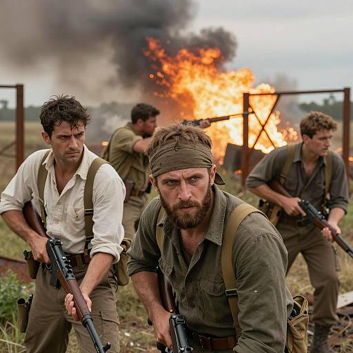 Men in Wartime Field with Explosion