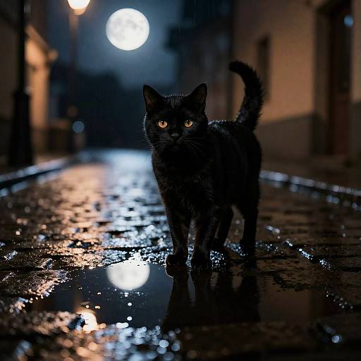 Black Cat on Rainy Cobblestone Street at Night