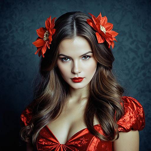 Woman in Red Luxury Halloween Costume with Flower Hair Accessories