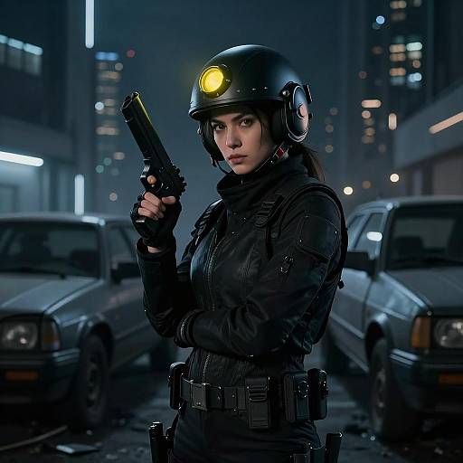 Futuristic Woman in Dark Cityscape