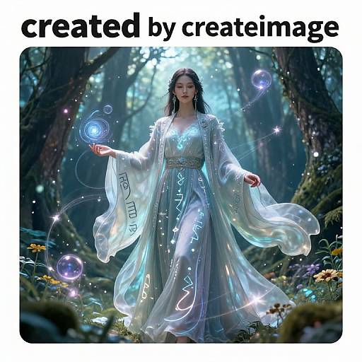Digital fantasy artwork of a mystical woman in a flowing, glowing white dress, holding a floating blue orb in a enchanted forest. Text reads 
