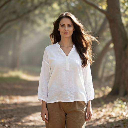 Serene Woman in Sunlit Forest Clearing