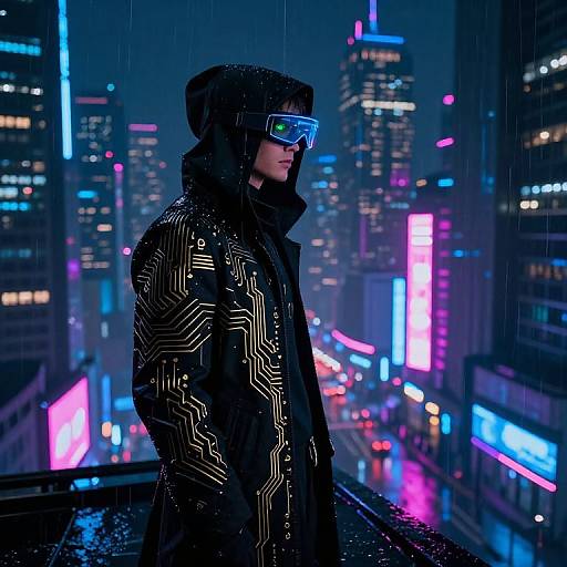 Cyberpunk Night Vigilante Overlooks City
