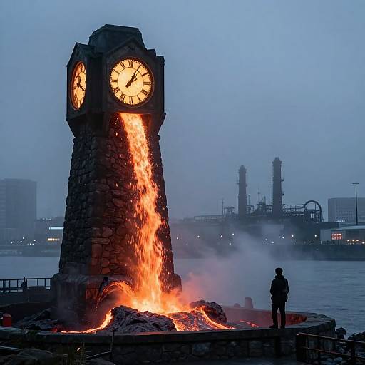 Photograph of a large stone clock tower with glowing clock faces, erupting with bright orange flames, silhouetted against a foggy blue sky