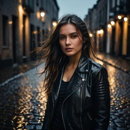 Woman in black leather jacket on rain-soaked street