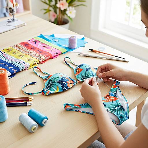 Photograph of a child's hands sewing a colorful, floral-patterned bikini top on a light wooden table with sewing supplies.