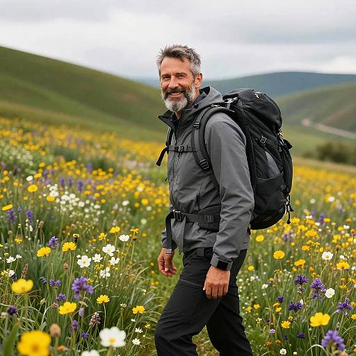 Photograph of a bearded middle-aged man with gray hair, wearing a gray hiking jacket and black pants, carrying a large backpack, walking through a