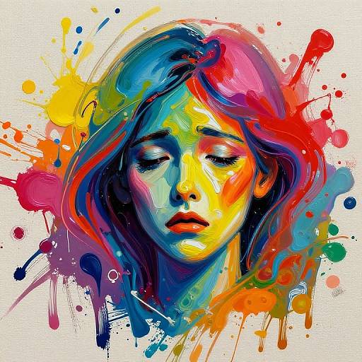 Vibrant digital painting of a sorrowful woman with closed eyes, colorful splashes of red, blue, yellow, and green paint surrounding her face