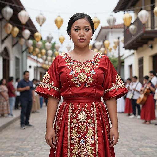 Photograph of a young Asian woman with black hair in a red, embroidered traditional dress, standing in a cobblestone street with string lights and people