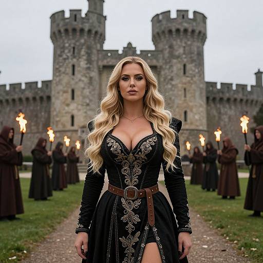 Photograph-style digital image of a blonde woman in a black, low-cut, embroidered dress with a brown belt, standing in front of a medieval castle