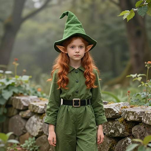 Elf Girl in Green Costume in Misty Forest