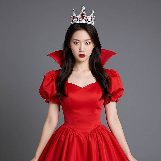 Asian woman with long black hair, red dress, puffed sleeves, large red collar, silver crown, gray background, poised, elegant, photograph.